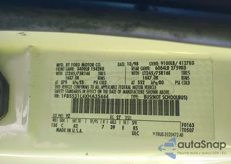 1999 Ford E-350 Super Duty Xl/Xlt z USA, uszkodzony, nr VIN 1FBSS31L4XHA35444